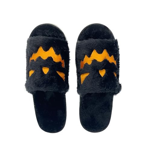 Halloween Hausschuhe Damen Flauschige Offene Spitze Freizeitschuhe Bequeme Indoor Pantoffeln Urlaubsdesign Weiche Sohle Gemütliche Loungekleidung (Black, One Size) von Generic