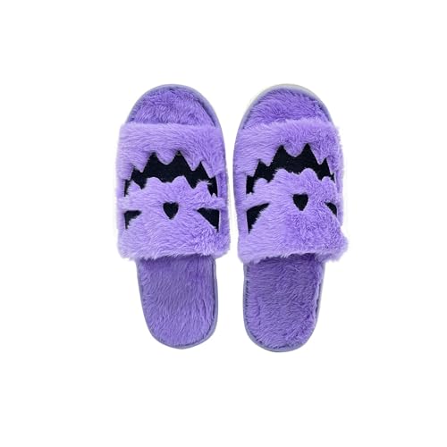 Halloween Hausschuhe Damen Flauschige Offene Spitze Freizeitschuhe Bequeme Indoor Pantoffeln Urlaubsdesign Weiche Sohle Gemütliche Loungekleidung (Purple, One Size) von Generic