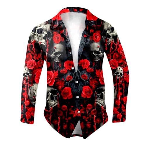 Halloween Hemd Herren Langarm Sommer Hemden mit Totenkopf-Aufdruck Button Down Sommerhemd Slim Fit Modische Lässige Herrenhemd Regular Fit Große Größe Freizeithemd Karneval von Generic