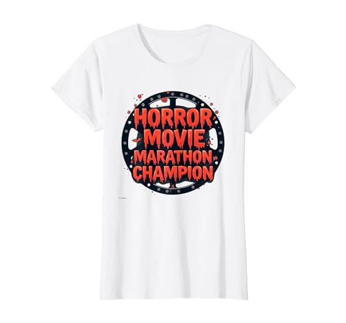 Halloween Herren Horrorfilm Marathon Champion Spooky Fun T-Shirt, Damen, Weiß, XS Halloween Herren Horrorfilm Marathon Champion Spooky Fun T-Shirt, Damen, Weiß, XS von Generic