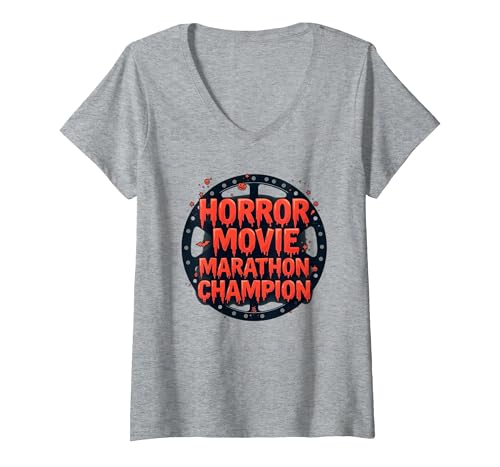 Halloween Herren Horrorfilm Marathon Champion Spooky Fun T-Shirt mit V-Ausschnitt, Damen, Grau Meliert, L von Generic