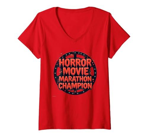 Halloween Herren Horrorfilm Marathon Champion Spooky Fun T-Shirt mit V-Ausschnitt, Damen, Rot, M von Generic