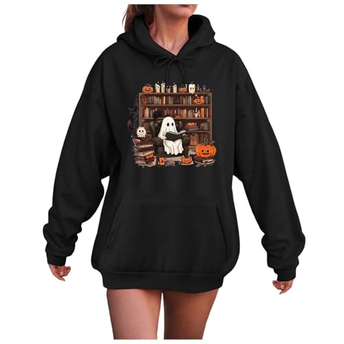 Halloween Hoodie Damen Oversize Langarmshirt Pumpkin Geist Drucken Pullover Sweatshirt mit Kapuze Basic Kapuzenpullover Pulli Hoodies Casual Sport Langarm Oberteile Mit Tasche Tops für Halloween von Generic