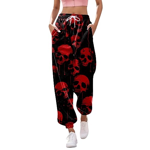 Halloween Jogginghose Damen, Jogginghose Damen High Waist Sporthose mit Taschen Totenkopf Drucken Trainingshose Festival Lustig Sweathose Freizeithose Frauen Kordelzug Sweatpants Laufhose von Generic