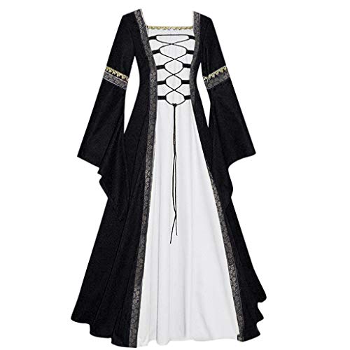 Halloween Kleid Damen Mittelalter Kleid Lang Renaissance Viktorianisches Kleid Cocktailkleid Mittelalter Kleidung Retro Vintage Kleider mit Trompetenärmel A Linie Maxikleid Karneval Halloween Kostüm von Generic