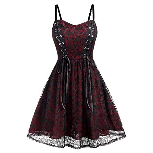 Halloween Kleid Frauen Totenkopf Drucken Riemen Spaghettiträger Mit Strappy Ärmellos Knielang Partykleid Spitzen Tüll A-Linie Saum Tunikakleid Mini Eleganter Frauenmode von Generic