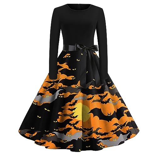 Halloween Kostüm Damen, 1920Er Kleider Damen Halloween Kotüm Knielang Partykleid Festlich Costume Cocktailkleid Sexy Kleid Langarm Outfits Schwarzes Elegant Festtagskleider Für Damen(Gelb,S) von Generic