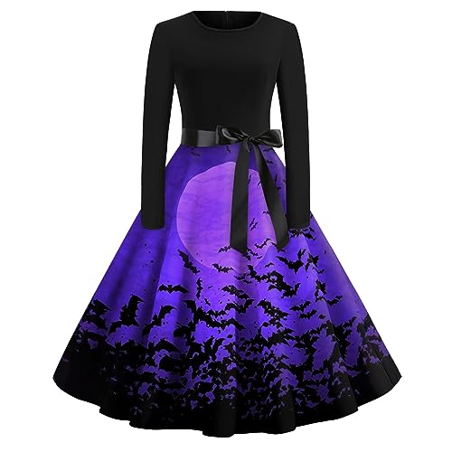 Halloween Kostüm Damen, 1920Er Kleider Damen Halloween Kotüm Knielang Partykleid Festlich Kostüm Kleid Sexy Costume Langarm Outfits Schwarzes Elegant Festtagskleider Für Damen(Violett,XL) von Generic