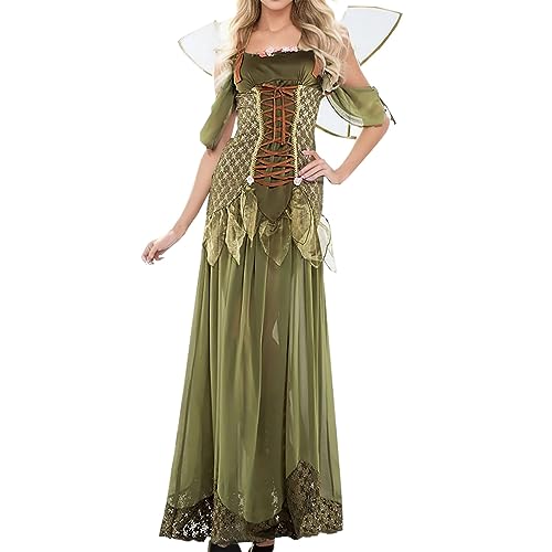 Halloween Kostüm Damen, Damen Fasching Kostüm Grün Blumenfee Waldelfen Kostüm Lang Kleid + Flügeln + Haarschmuck Grün Waldelfe Nymphe Kostüm Halloween Karneval Cospaly Party Kleidung von Generic