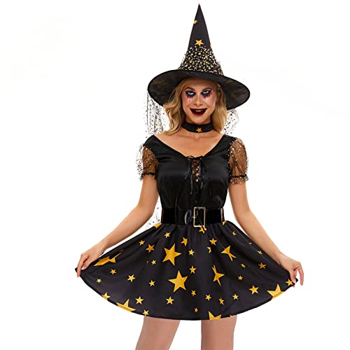 Halloween Kostüm Damen, Damen Hexen Kostüm Set mit Hexenhut und Gürtel Stern Drucken Zauberin Hexe Faschingskostüme für Erwachsene Halloween Karneval Fasching Cosplay Party Kleidung von Generic