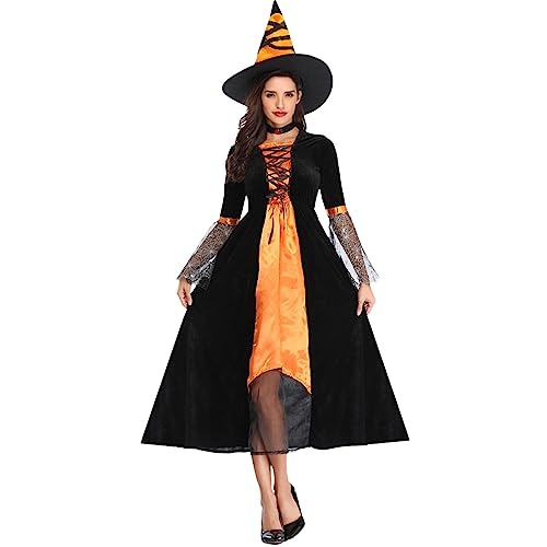 Halloween Kostüm Damen, Fasching Kostüm Damen Schwarze Hexen Kostüm mit Hexenhut Gruselige Hexe Vampir Teufel Kleidung Set Schwarzes Lang Kleid Fasching Karneval Halloween Partykleid von Generic