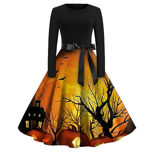 Halloween Kostüm Damen, Festliches Kleid Damen Halloween Kotüm Knielang Partykleid Kleider Festlich Kostüme Cocktailkleid Kostüm Fledermaus Schwarzes Enges Outfits Langes Festliche (Orange,M) von Generic