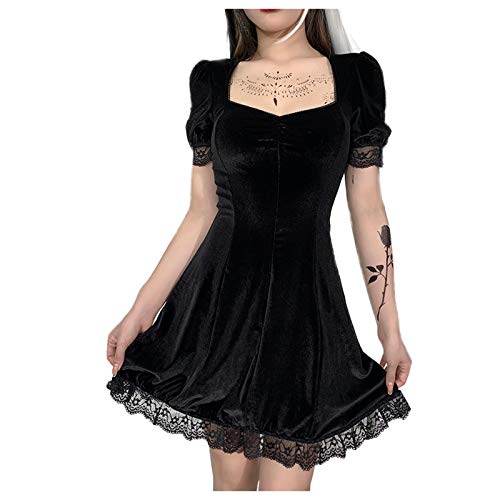Halloween Kostüm Damen, Gothic Kleid Damen Schwarz Samt Kleid Puffärmeln Kurz Kleider mit Spitzen Gothic Dunkle Minikleid Schwarze Elegant Abendkleid Halloween Karneval Fasching Kleidung von Generic