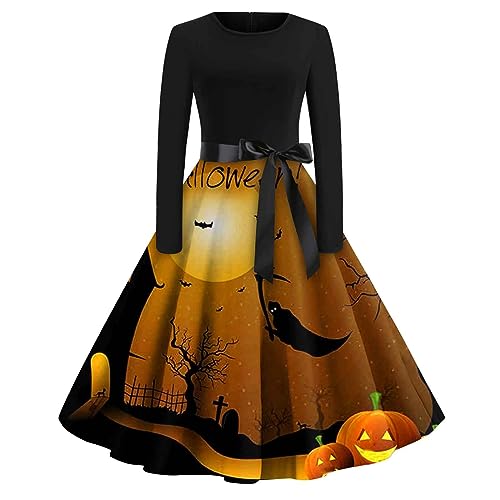 Halloween Kostüm Damen, Langarm Kleider Damen Halloween Kotüm Knielang Partykleid Festlich Kostüm Schwarzes Kleid Fledermaus Eng Outfits Langes Cocktailkleid Damen Elegant Für Hochzeit(Gold,M) von Generic