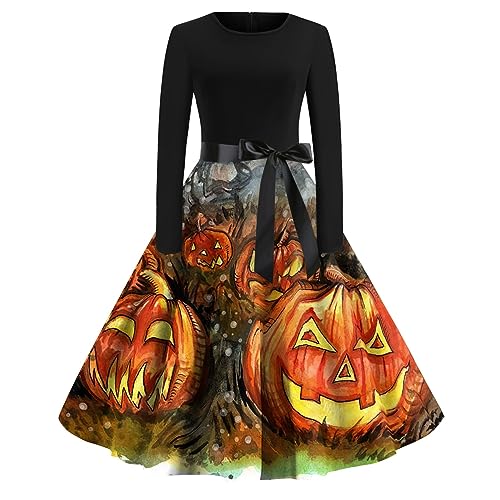 Halloween Kostüm Damen, Langarm Kleider Damen Halloween Kotüm Knielang Partykleid Festlich Kostüm Schwarzes Kleid Halloweenkostüme Frauen Festliches Haloween Kostume Kürbis (Ginger,L) von Generic