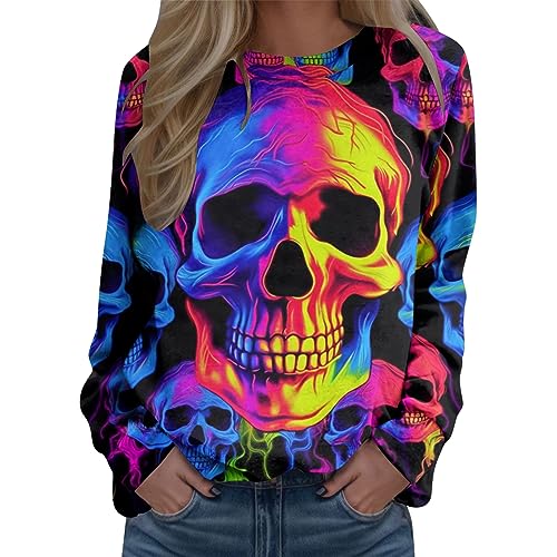 Halloween Kostüm Damen,Pullover Damen Langarm Rundhals Sweatshirts Halloween Schädel Drucken Oberteil Tops Frauen Herbst Winter Bluse Shirt Festlich Casual Lose Langarmshirts Streetwear von Generic