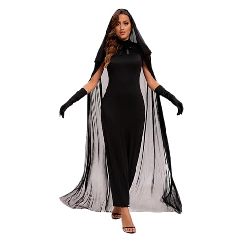 Halloween Kostüm Damen Geister Schwarze Geisterbraut Böse Königin, Karneval Ausführen Kostüme Erwachsene Vampir Langes Kleid Horror Cosplay (Kleid + Umhang) von Generic