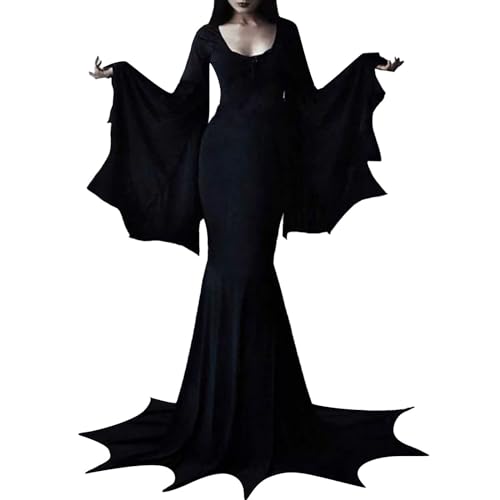 Halloween Kostüm Damen Geister Schwarze Geisterbraut Böse Königin, Karneval Ausführen Kostüme Erwachsene Vampir Langes Kleid Horror Cosplay (Kleid + Umhang) von Generic