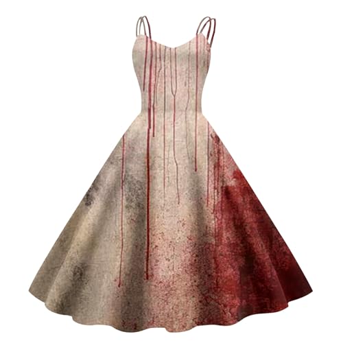 Halloween Kostüm Damen Horror Braut Kleid Damen Gruselig Blutige Zombie Braut Mittelalter Blutiges Kleid Große Größen Partykleid Ohne Ärmel Lange A-Line Faltenrock Blutspritzer Muster Kleider von Generic