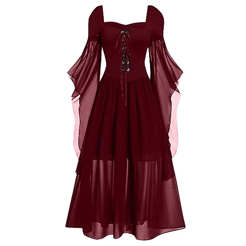 Halloween Kostüm Damen Vintage Mittelalter Kleidung Damen Trompetenärmeln Spitzenkleid Gothic Abendkleider Große Größen Festlich Damenkleider Kleider Schulterfreies Hexenkleid (Rot, XXL) von Generic