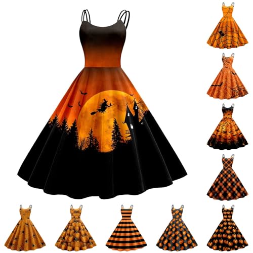 Halloween Kostüm mit Aufdruck Damen Retro Mittelalter Kleidung Damen Temperament Ärmelloser Rockabilly Cocktailkleid Taille Tunikakleider Festlich Gastkleider von Generic