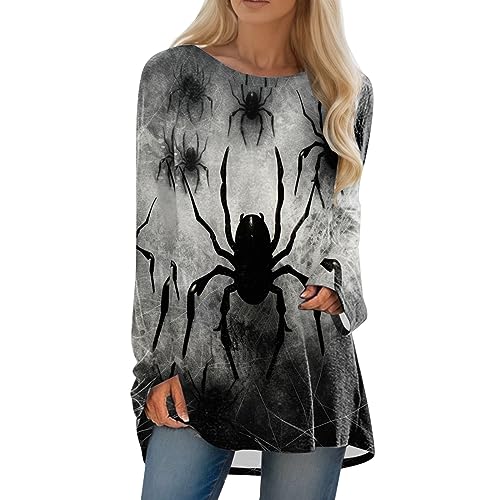 Halloween Langarmshirt Damen, Langarmshirt Damen Festival Lustig Lang Sweatshirt Fledermaus Spinnen Drucken Pullover Oberteile Casual Lose Rundhals Longshirt Bluse Halloween Kostüm Top von Generic