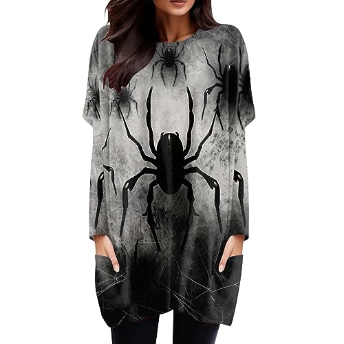 Halloween Langarmshirt Damen, Langarmshirt Damen Rundhals Festival Sweatshirt Spinnen Drucken Lang Tshirt mit Taschen Casual Lustig Longshirt Herbst Winter Bluse Halloween Kostüm Top von Generic