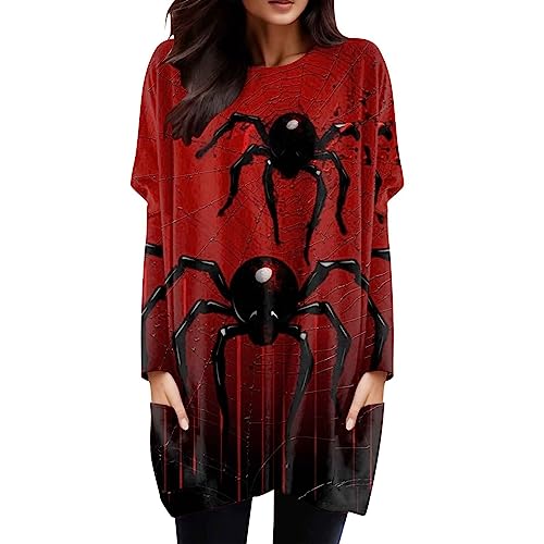 Halloween Langarmshirt Damen, Langarmshirt Damen Rundhals Festival Sweatshirt Spinnen Drucken Lang Tshirt mit Taschen Casual Lustig Longshirt Winter Bluse Halloween Kostüm Top Halloween Langarmshirt Damen, Langarmshirt Damen Rundhals Festival Sweatshirt Spinnen Drucken Lang Tshirt mit Taschen Casual Lustig Longshirt Winter Bluse Halloween Kostüm Top von Generic
