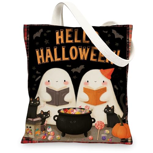 Halloween-Leinentaschen, Geister- und Katzenmuster, wiederverwendbar, leicht und waschbar, mit Schultergurt für Trick, Schwarz, 13x15 Inch von Generic