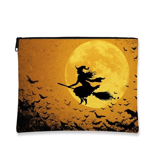 Halloween-Make-up-Tasche mit Hexenmotiv, Vintage-Silhouette, Kosmetiktasche für Damen, tragbare kleine Canvas-Reißverschluss-Organizer, perfekt für gruselige Jahreszeiten und Partygeschenke, Orange Halloween-Make-up-Tasche mit Hexenmotiv, Vintage-Silhouette, Kosmetiktasche für Damen, tragbare kleine Canvas-Reißverschluss-Organizer, perfekt für gruselige Jahreszeiten und Partygeschenke, Orange von Generic