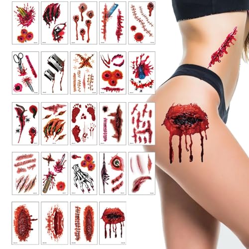 Halloween-Narbe, temporäre Tätowierung, Vampir-Make-up-Tätowierung, gefälschte Narbe, blutige Narbenaufkleber, 24 Stück, Halloween-Simulation, blutige Aufkleber von Generic