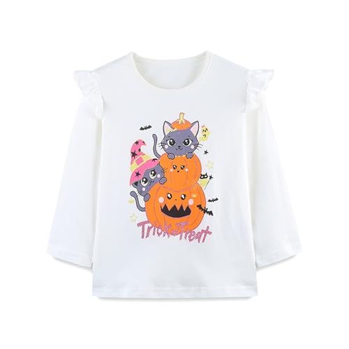 Halloween Oberteil Mädchen Langarm T-Shirt Niedlich Cartoon-Kürbis Katze Druck Langarmshirt Kinder Modischer Strickpullover mit fliegenden Ärmeln Tunika Bluse 3-9 Jahre (White, 5-6 Years) von Generic