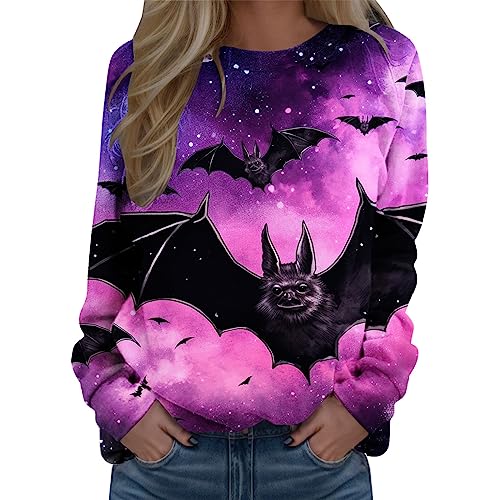 Halloween Pullover Damen, Pullover Damen Langarm Ohne Kapuze Sweatshirt Halloween Fledermaus Drucken Pulli Oberteile Funny Sweatshirts Bluse Halloween Karneval Kostüm Oversized Streetwear von Generic