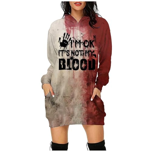 Halloween Pullover Damen Problem Gelöst Hoodie Oversize Kapuzenpullover Bedruckt Blood Sweatshirt Langarm Kapuzenpulli Blut Verletzung Casual Pullover mit Taschen Blutspritzer Muster Oberteil (Red, M) von Generic