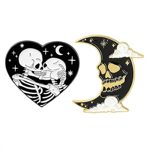 Halloween Schädel Geist Brosche - Legierung Gothic Herzform Schädel & Mond Pin 1-1.1 Zoll für Jacke Tasche Hut Rucksack Dekoration, 2pcs, Metall von Generic