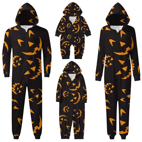 Halloween Schlafanzug Familien Pyjama Jumpsuit Damen Herren Kinder Baby Halloween Kostüm Aufdruck Sleepwear Hoodie mit Reißverschluss Pyjama Set Einteiler Nachtwäsche Overall Hausanzug von Generic