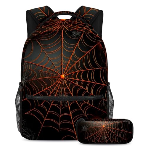 Halloween Spinnennetz Schulranzen-Set – Rucksack und Federmäppchen Combo für Studenten, Kinder, Jungen und Mädchen, Mehrfarbig #02, B：29.4x20x40cm P：19x7.5x3.8cm, Daypack Rucksäcke von Generic