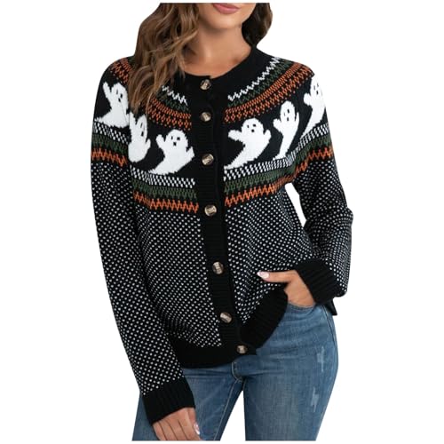 Halloween Strickjacke Damen Kurz Knöpfen Sweater Jacke Damen Halloween Geist Druck Pullover Cardigan Mantel Langarm Lässig Lose Winterjacke Damen Vintage Sweatjacke Winter Leichte Damenjacke von Generic