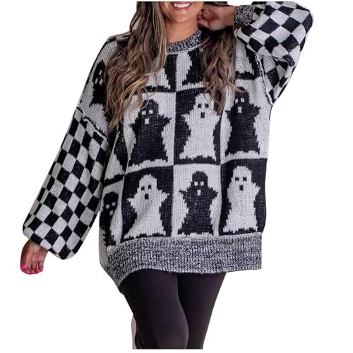 Halloween Strickpullover Damen Kawaii Geist Muster Gestricktes Blusentop Schachbrett Langarm Strickpulli Warme Patchwork Pullover Kürbismuster Strick Pulli Baggy Passform Teenager Mädchen Bluse von Generic