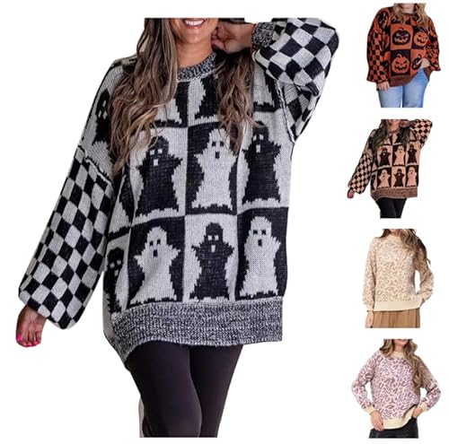 Halloween Strickpullover Damen Kawaii Geist Muster Gestricktes Blusentop Schachbrett Langarm Strickpulli Warme Patchwork Pullover Kürbismuster Strick Pulli Baggy Passform Teenager Mädchen Bluse von Generic
