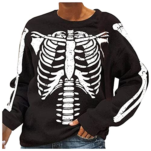 Halloween Sweatshirt Damen, Halloween Pullover Damen Oversized Sweatshirt Skelett Gothic Festlich Herbst Langarm Sweatshirts Ohne Kapuze Party Langarmshirt Pulli Oberteile Teenager Mädchen von Generic