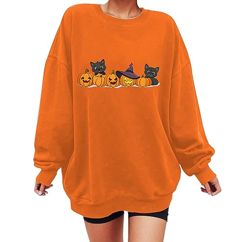 Halloween Sweatshirt Damen Oversized Kürbis Pullover Winter Rundhals Langarm Sweater Pulli ohne Kapuze Teenager Mädchen Kleidung Halloween-Kostüm Lose Sweatpullover Oberteile Tops von Generic