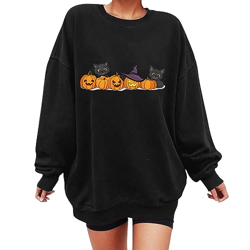 Halloween Sweatshirt Damen Oversized Kürbis Pullover Winter Rundhals Langarm Sweater Pulli ohne Kapuze Teenager Mädchen Kleidung Halloween-Kostüm Lose Sweatpullover Oberteile Tops von Generic