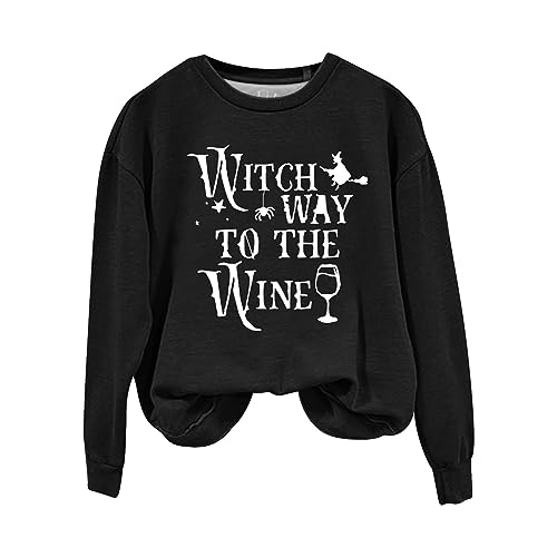 Halloween Witch Way to The Wine Bedrucktes Schulterfreies Langarm-Sweatshirt-Oberteil mit Rundhalsausschnitt Damen Hoodie Ohne Kapuze S (Black, L) von Generic