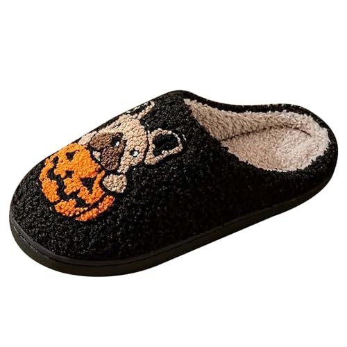 Halloween 𝐤ürbis und Hund Hausschuhe für Damen Herren Plüsch weichbettung Memory 𝗙oam Plüsch Flauschige Funny Pantoffeln Warm Flauschige Slippers Baumwollpantoffeln (Black, 44) von Generic