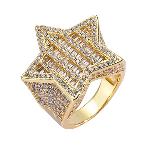 Halskette Damen,Ced Out Pentagramm-Hip-Hop-Ring – 18 Karat vergoldet, glitzernder 3D-Stern-Zirkon-Simulationsdiamant-Ring – Herren- und Damen-Bandring-Schmuck (Farbe: Gold, Größe: 08) von Generic