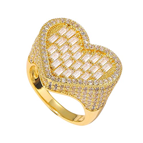 Halskette Damen,Hip Hop Full Iced Out Love Herzform-Ring – Damen-Ring mit 18 Karat vergoldetem Bling CZ-Simulationsdiamant – modischer Bandring-Schmuck (Farbe: Gold, Größe: 07) von Generic