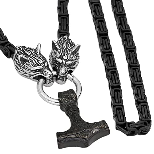Halskette Damen,Wikinger-Wolfskopf, schwarze Königskette, Mjölnir-Halskette – keltischer Odin-Anhänger aus Edelstahl für Herren – handgefertigter nordischer heidnischer Amulett-Schmuck im Vinta von Generic