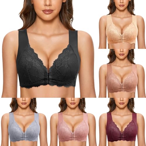 Haltungskorrektur BH, Vorderverschluss BH Damen Ohne Bügel Push Up Seamless Atmungsaktive Bralette Bustier mit Polster V-Ausschnitt Wireless BH Bra Große Größen Weich Sport-BHS von Generic