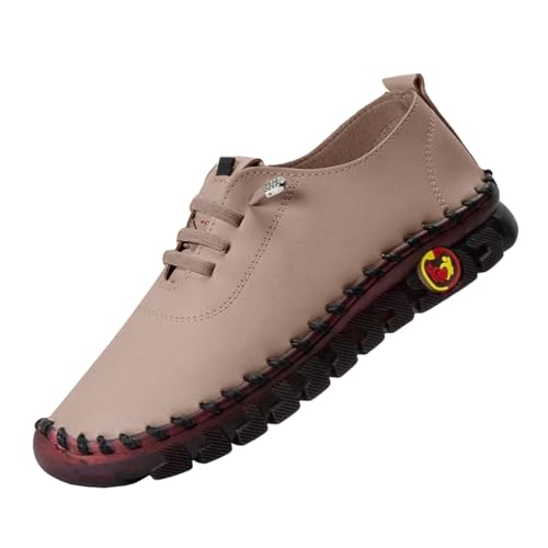 Handgefertigte Lederschuhe Damen Freizeitschuhe Atmungsaktive Bequeme Walkingschuhe Flache Sohle Fitnessschuhe Outdoor Schlupfschuhe Einfarbig Halbschuhe Mit Schnürung (Beige, 45) von Generic